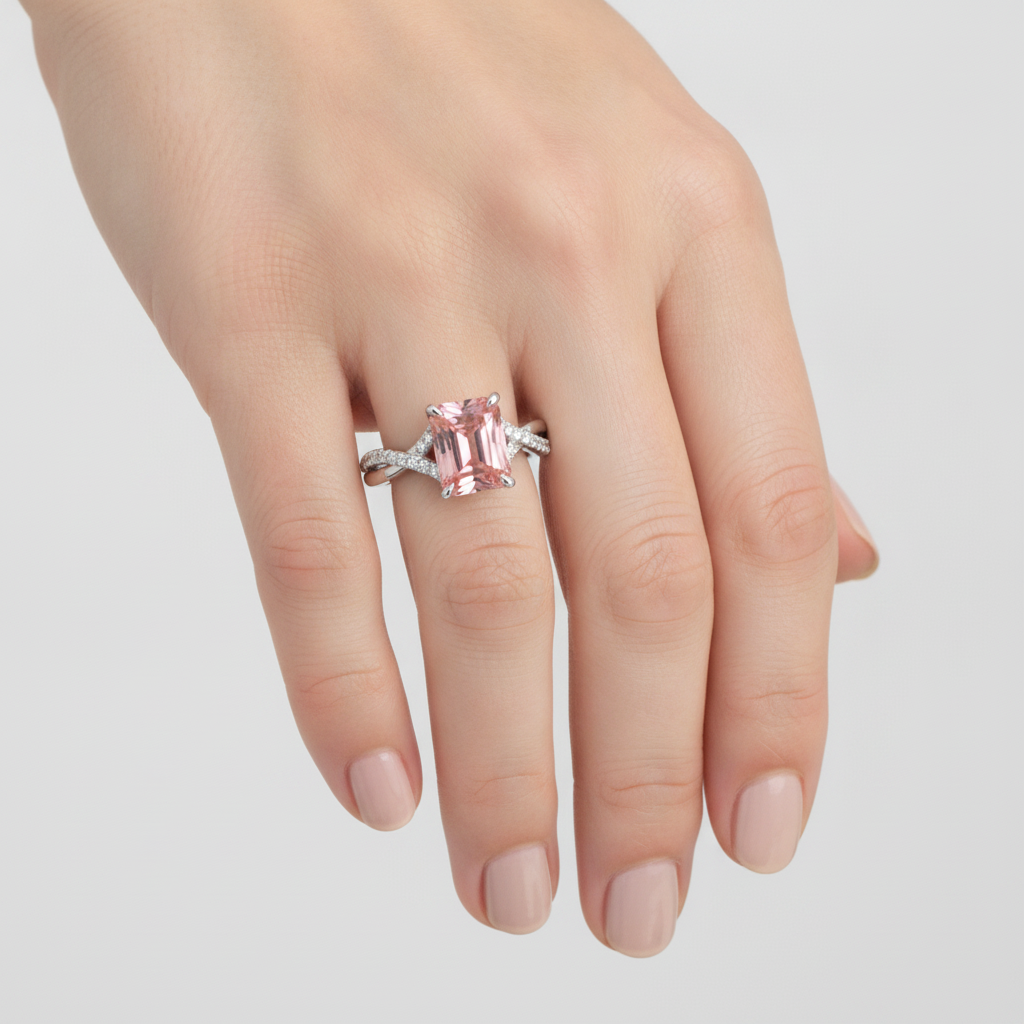 Peach Sapphire 2.8 Carat Genuine Emerald Padparadscha Pave Ring 14K White Gold