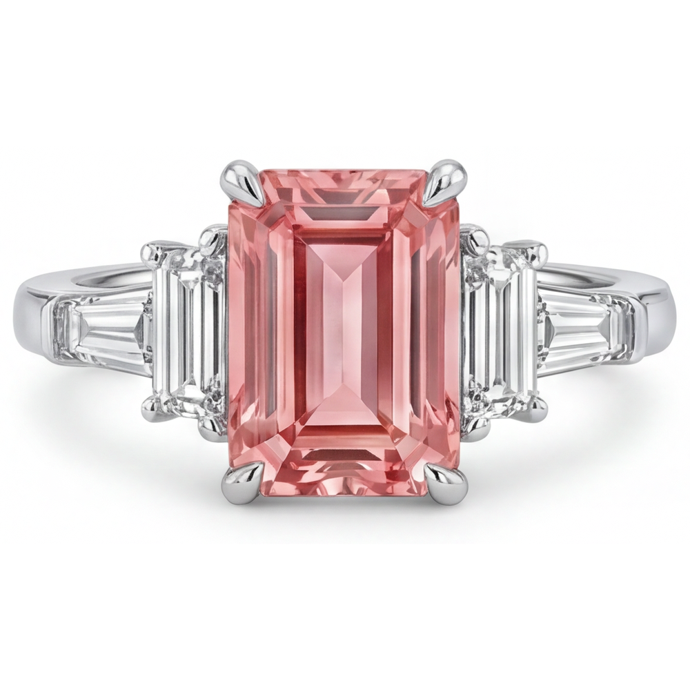 Padparadscha Sapphire Engagement Ring 3.9 Carat Real Emerald and White Baguette Three Stone Cathedral 14K Gold