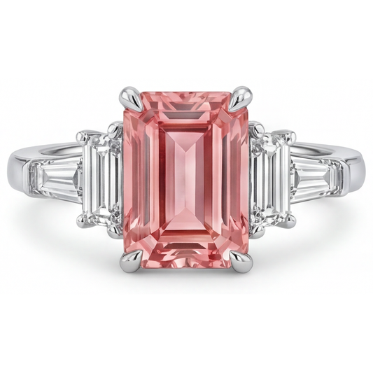 Padparadscha Sapphire Engagement Ring 3.9 Carat Real Emerald and White Baguette Three Stone Cathedral 14K Gold