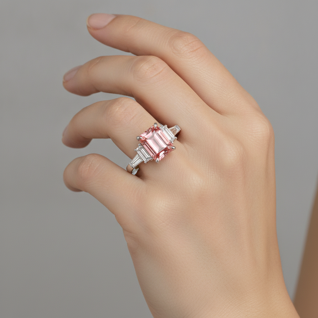 Padparadscha Sapphire Engagement Ring 3.9 Carat Real Emerald and White Baguette Three Stone Cathedral 14K Gold