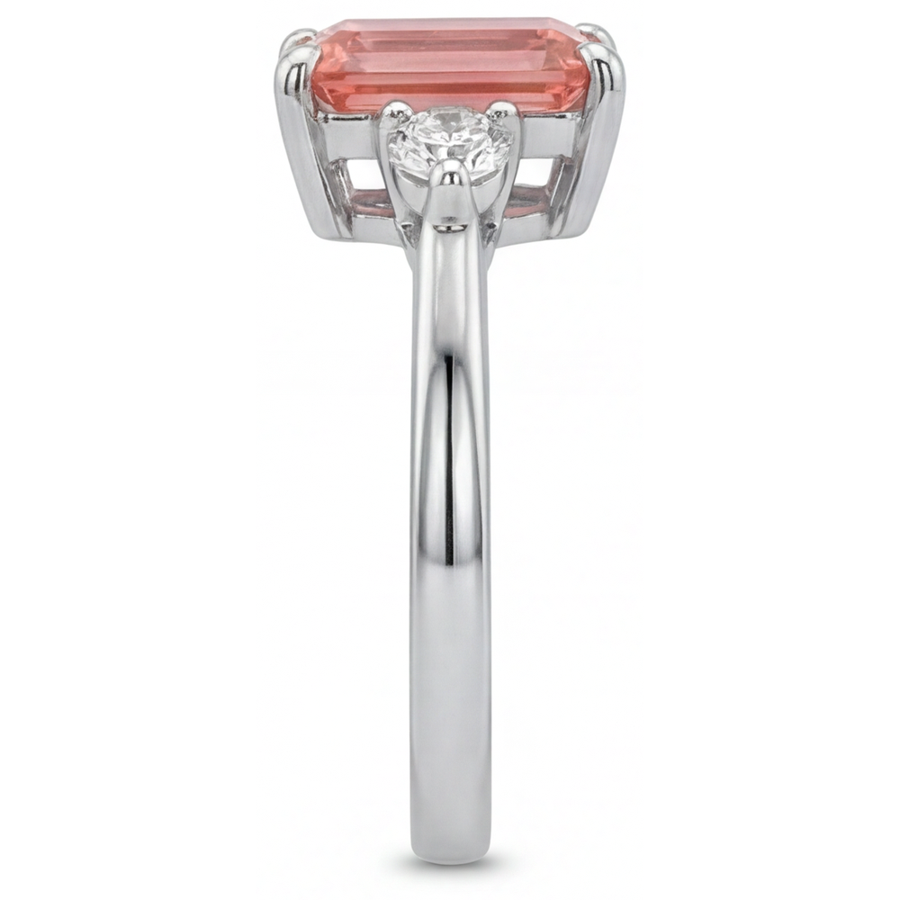 Emerald Cut Padparadscha Sapphire 2.9 Carat Genuine Three Stone Ring 14K White Gold