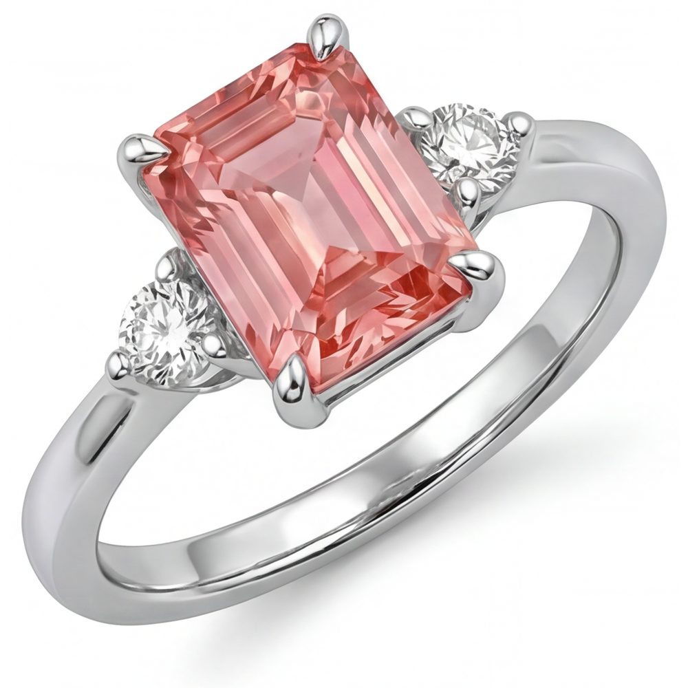 Emerald Cut Padparadscha Sapphire 2.9 Carat Genuine Three Stone Ring 14K White Gold