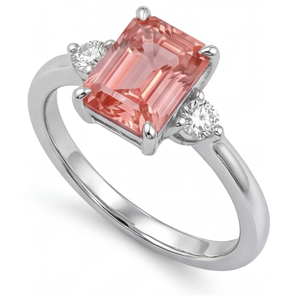 Emerald Cut Padparadscha Sapphire 2.9 Carat Genuine Three Stone Ring 14K White Gold