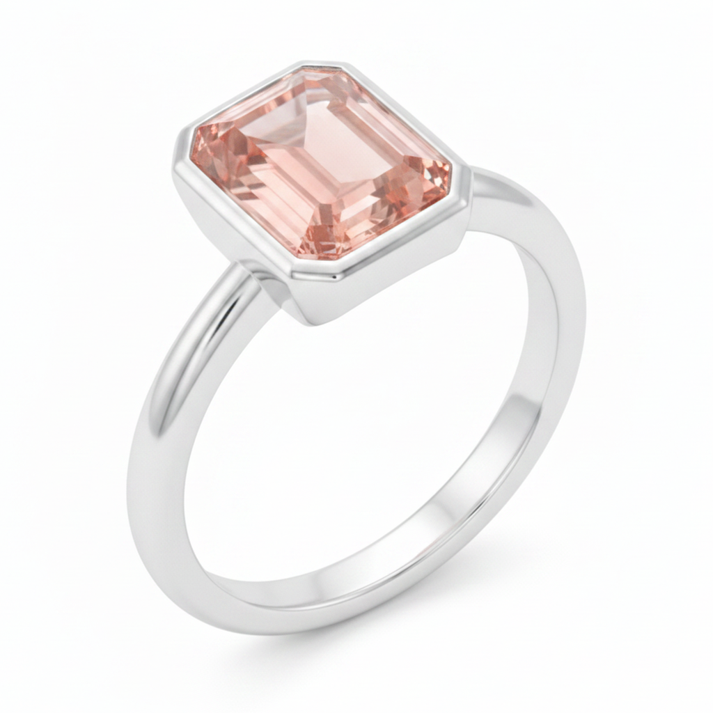 Peach Color Sapphire 2.5 Carat Genuine Emerald Padparadscha Bezel Solitaire Ring 14K White Gold