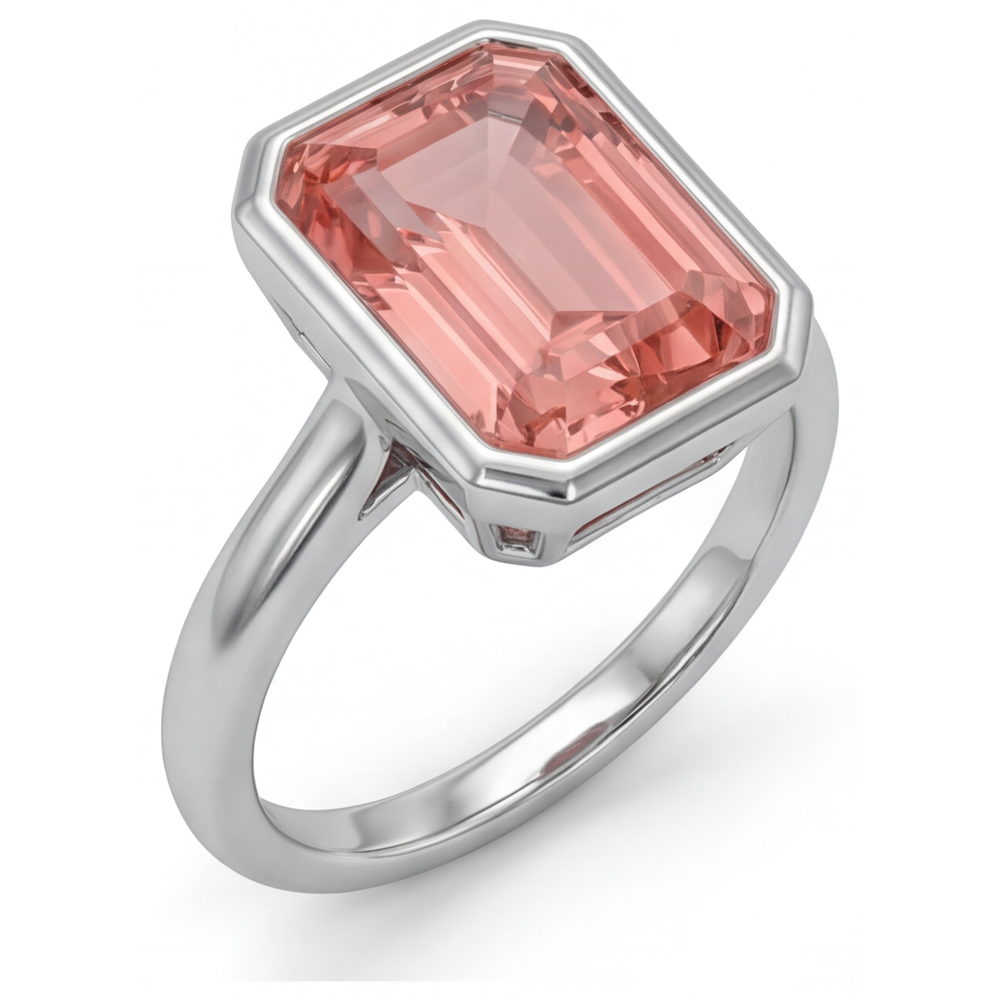 Peach Sapphire 2.5 Carat Natural Emerald Padparadscha Bezel Solitaire Ring 14K White Gold