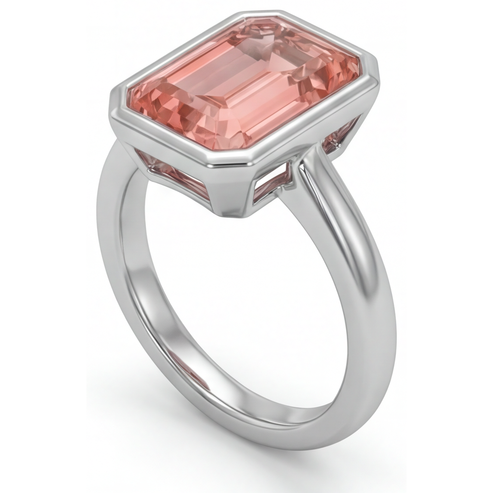 Peach Color Sapphire 2.5 Carat Natural Emerald Padparadscha Bezel Solitaire Ring 14K White Gold