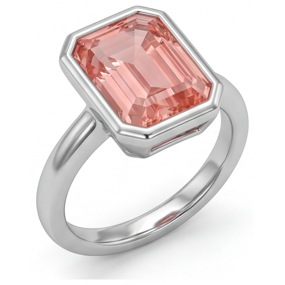 Peach Color Sapphire 2.5 Carat Natural Emerald Padparadscha Bezel Solitaire Ring 14K White Gold
