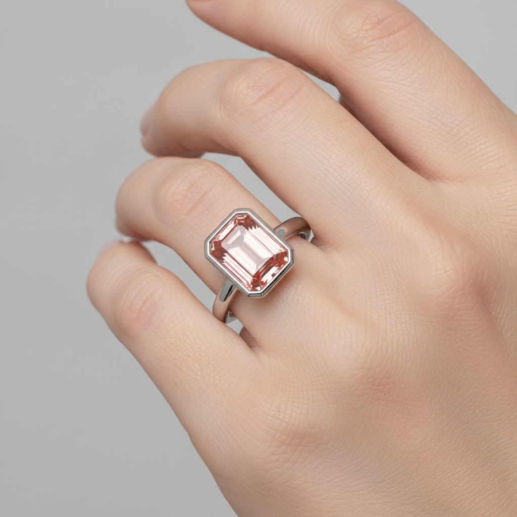 Peach Sapphire 2.5 Carat Natural Emerald Padparadscha Bezel Solitaire Ring 14K White Gold