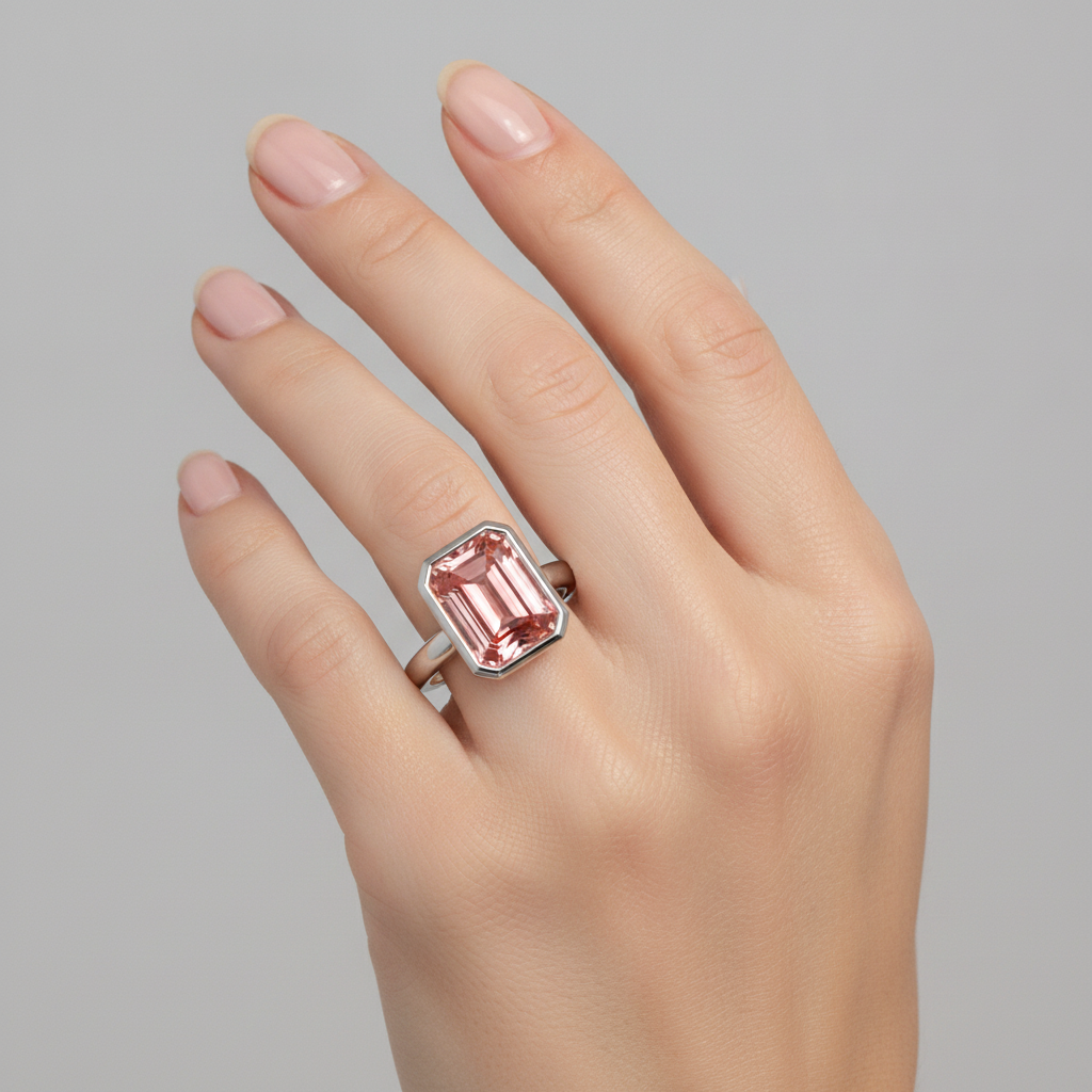 Peach Color Sapphire 2.5 Carat Natural Emerald Padparadscha Bezel Solitaire Ring 14K White Gold