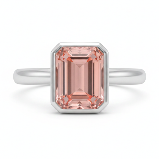 Peach Color Sapphire 2.5 Carat Genuine Emerald Padparadscha Bezel Solitaire Ring 14K White Gold