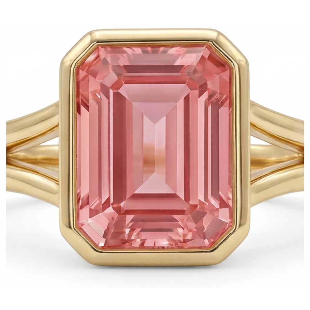 Peach Sapphire Emerald Cut 3 Carat Natural Padparadscha Bezel Split Shank Ring 14K Yellow Gold