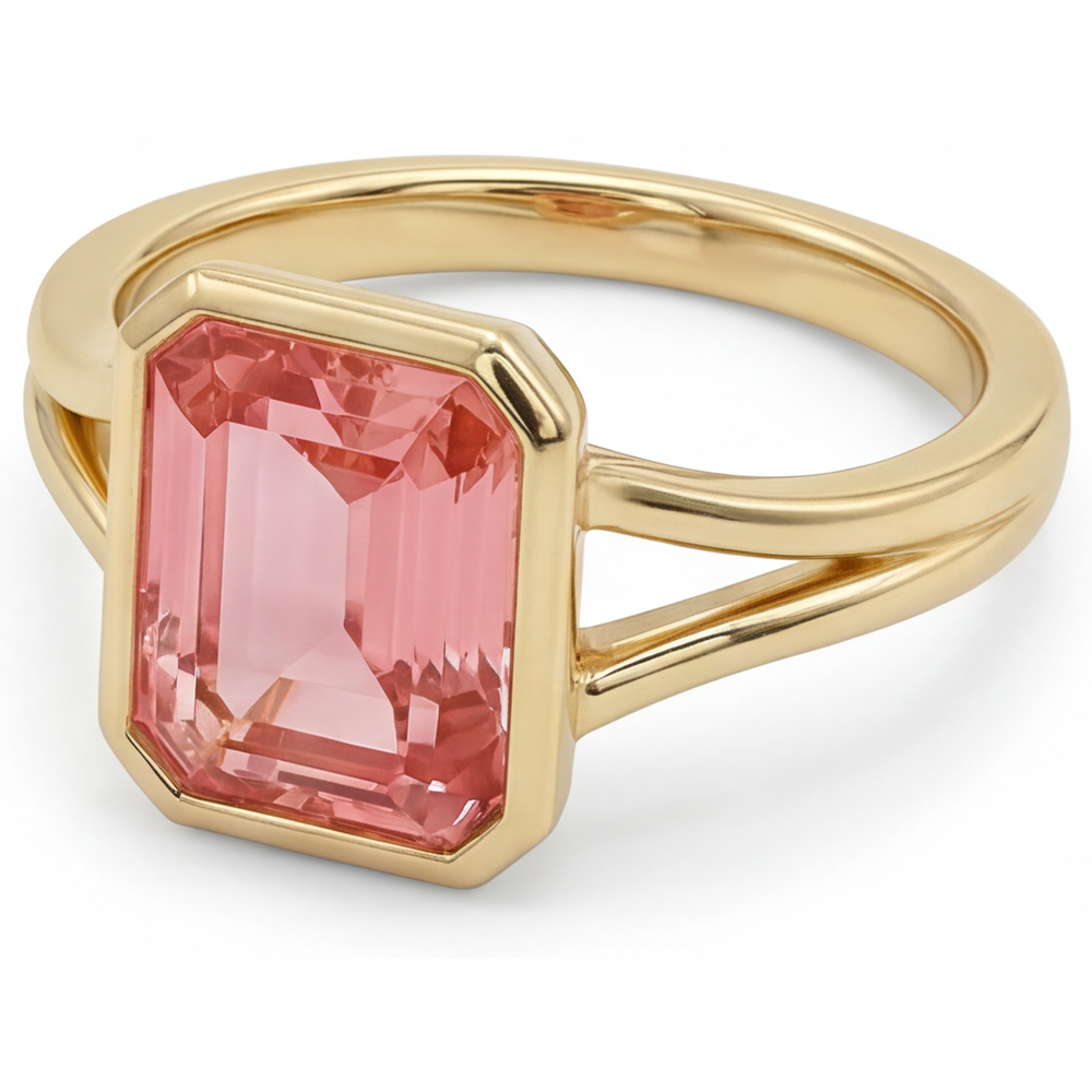Peach Sapphire Emerald Cut 3 Carat Natural Padparadscha Bezel Split Shank Ring 14K Yellow Gold