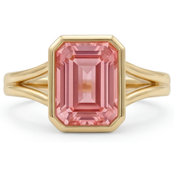 Peach Sapphire Emerald Cut 3 Carat Natural Padparadscha Bezel Split Shank Ring 14K Yellow Gold