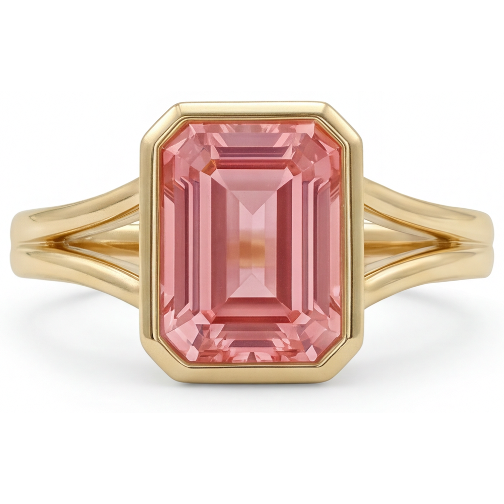 Peach Sapphire Emerald Cut 3 Carat Natural Padparadscha Bezel Split Shank Ring 14K Yellow Gold