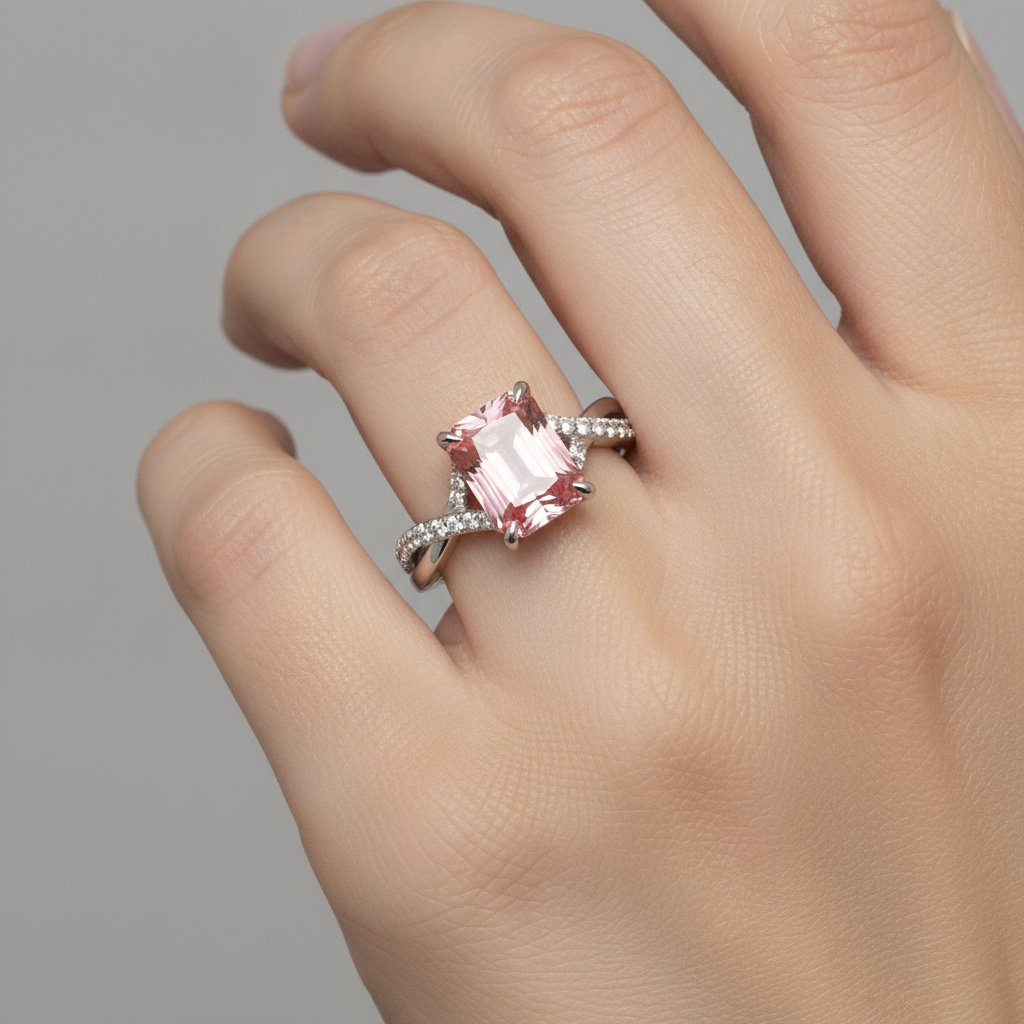 Peach Color Sapphire 3.3 Carat Genuine Emerald Padparadscha Bypass Ring 14K White Gold