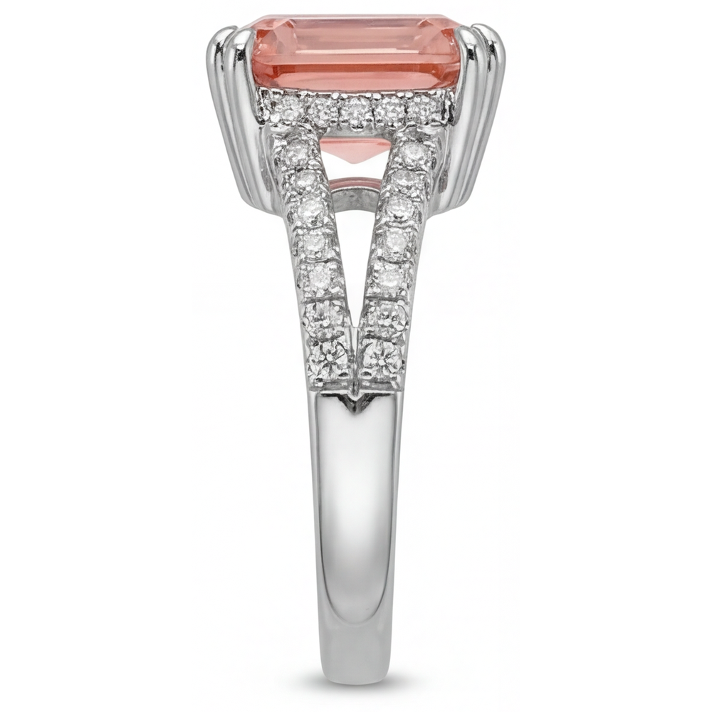 Antique Padparadscha Sapphire Ring 3.3 Carat Genuine Emerald Split Shank 14K White Gold