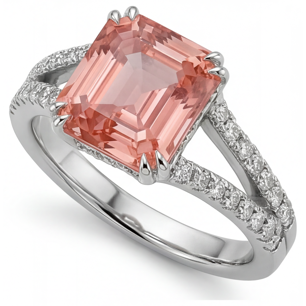 Antique Padparadscha Sapphire Ring 3.3 Carat Genuine Emerald Split Shank 14K White Gold
