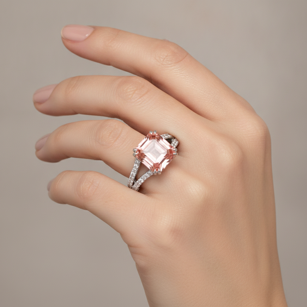 Antique Padparadscha Sapphire Ring 3.3 Carat Genuine Emerald Split Shank 14K White Gold