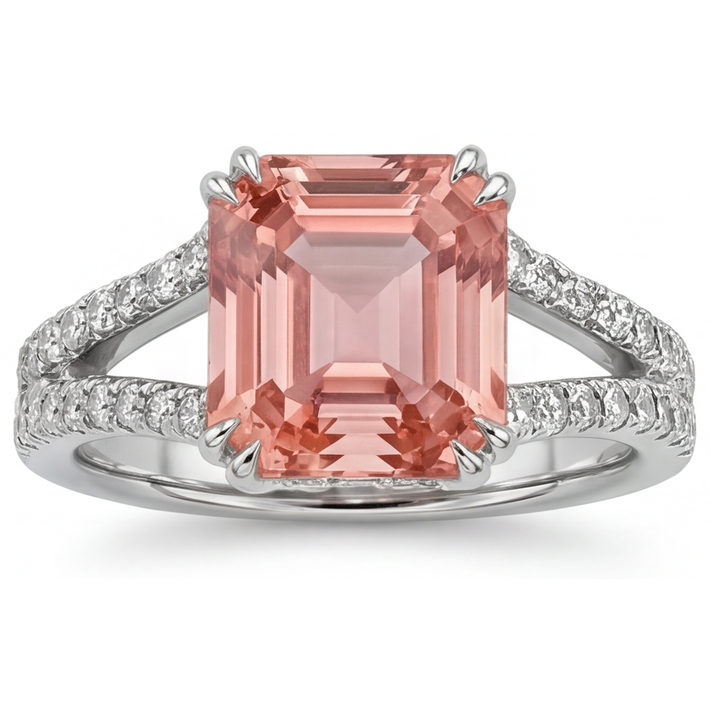 Antique Padparadscha Sapphire Ring 3.3 Carat Genuine Emerald Split Shank 14K White Gold