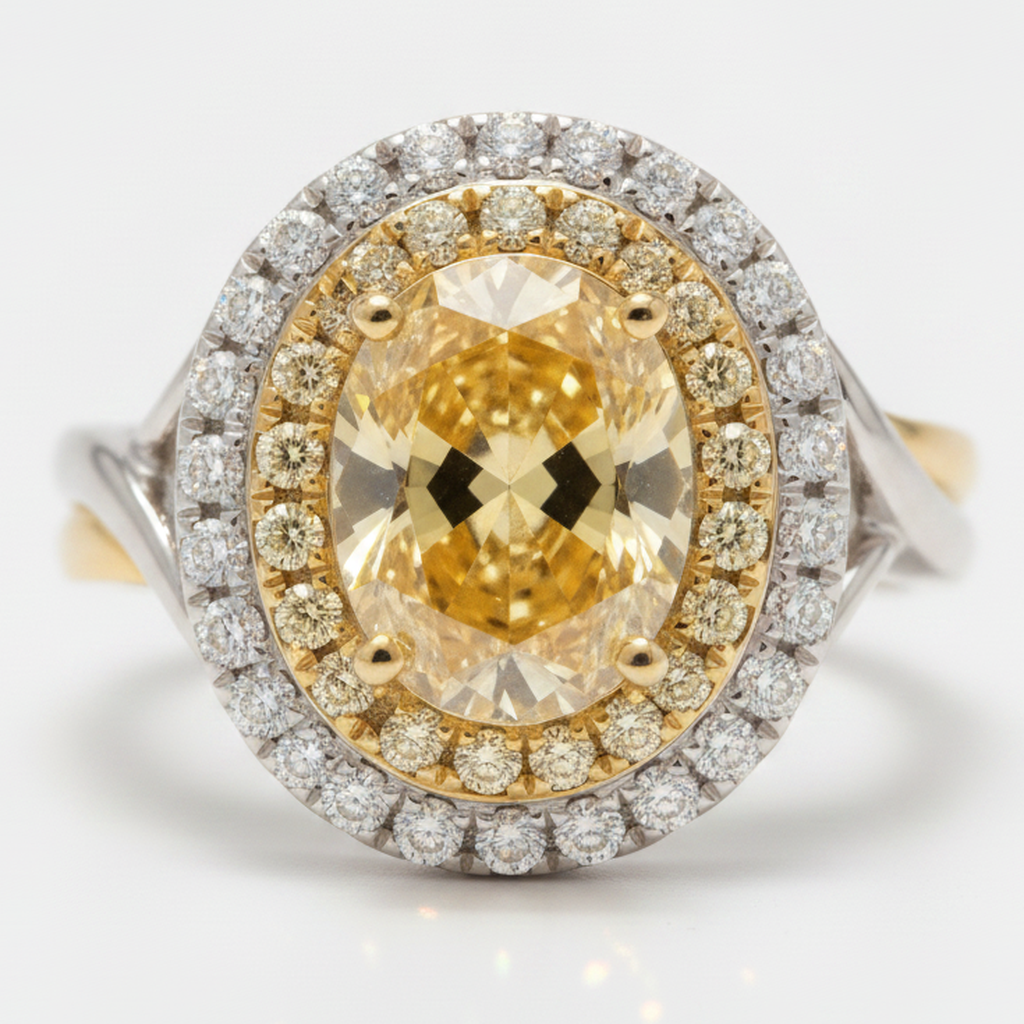 Yellow Gemstone Engagement Ring 1.01 Carat Real Oval Fancy Intense Diamond Double Halo 18K Gold