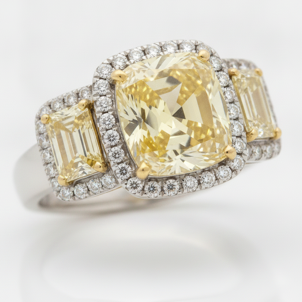 Yellow Gemstone Engagement Ring 2.07 Carat Genuine Cushion Fancy Diamond Trapezoid Halo Three Stone Platinum