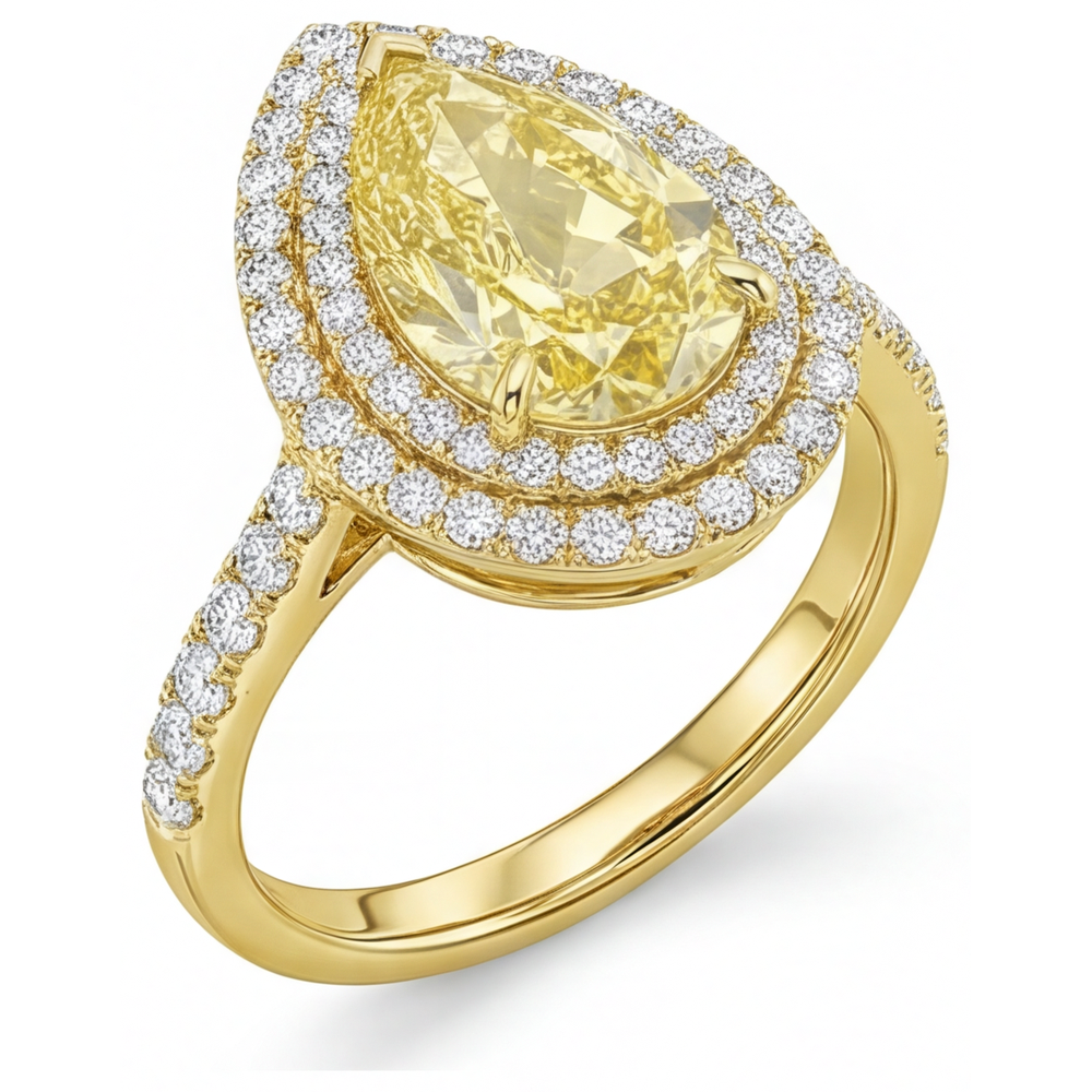 Pear Shape Fancy Yellow Diamond ring in 14K Yellow Gold – angle view