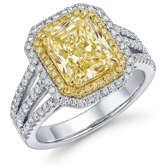 Fancy Yellow Diamond Radiant Cut Halo Engagement Ring in Two-Tone 14K Gold – main view