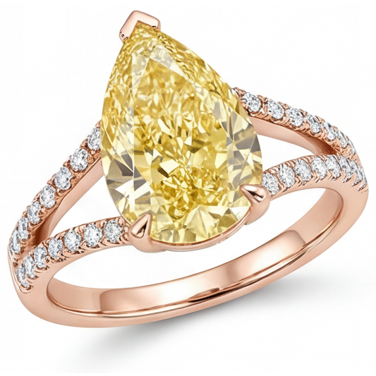 Pear Shape Fancy Yellow Diamond ring in 14K Rose Gold – main view