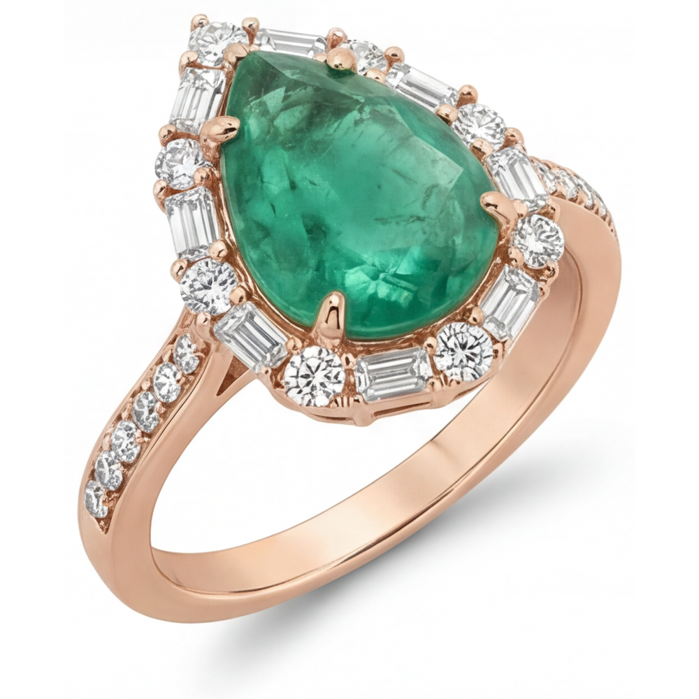 Fine Emerald Pear Shape Halo Setting Ring in 14 Karat Rose Gold – angle view