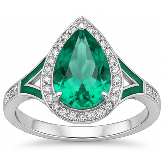Pear Shape Fine Emerald ring in 14K White Gold – main view