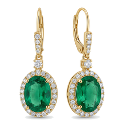 Green Emerald Earrings 3.5 Carat Lab Grown Oval Halo Leverback 14K Yellow Gold
