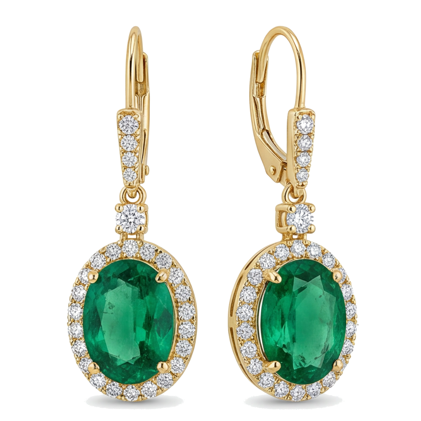Green Emerald Earrings 3.5 Carat Lab Grown Oval Halo Leverback 14K Yellow Gold