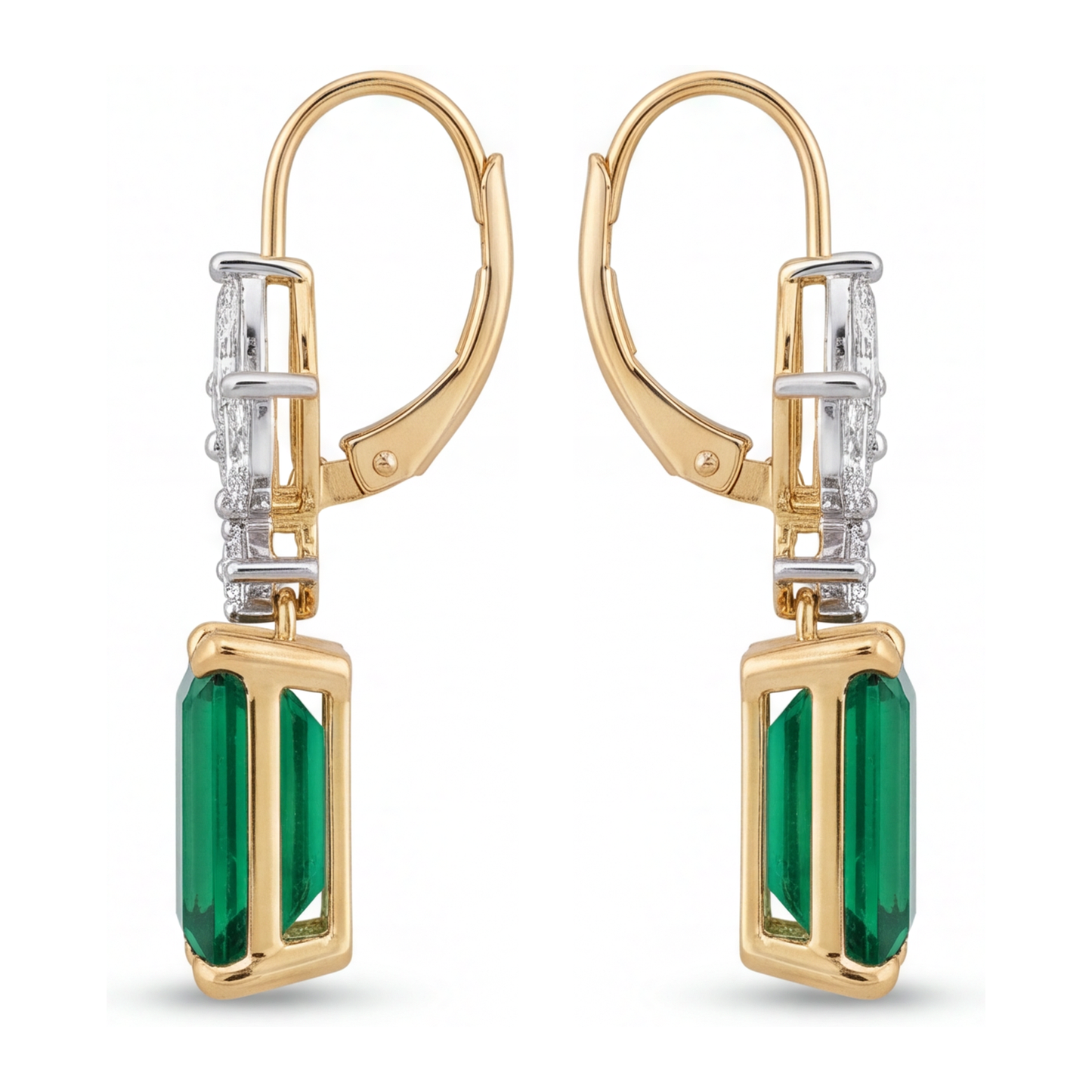 Green Emerald Earrings 4 Carat Lab Grown Emerald Cut Marquise Leaves Leverback 14K Yellow Gold