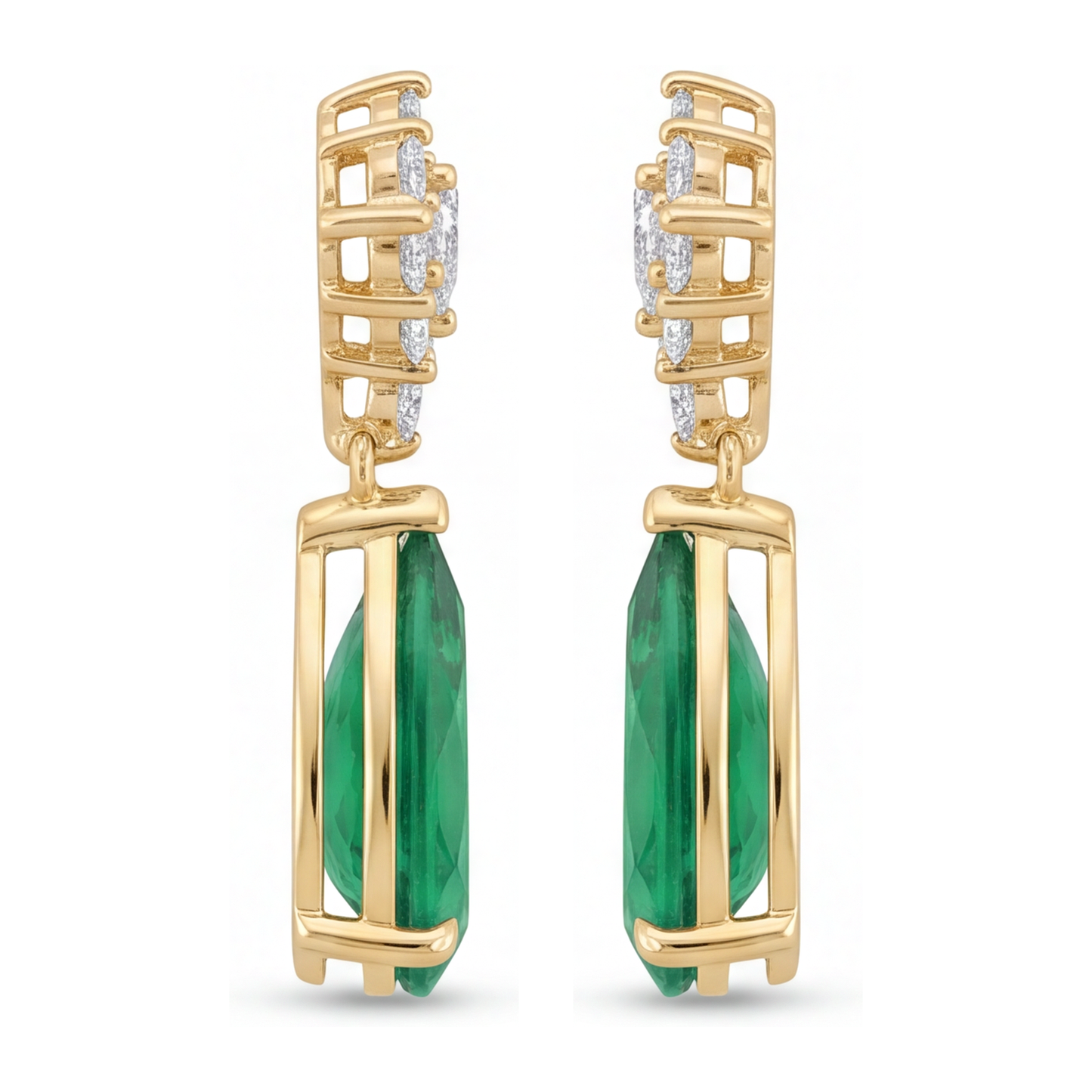 Green Emerald Earrings 5 Carat Lab Grown Pear Marquise Cluster Leverback 14K Yellow Gold