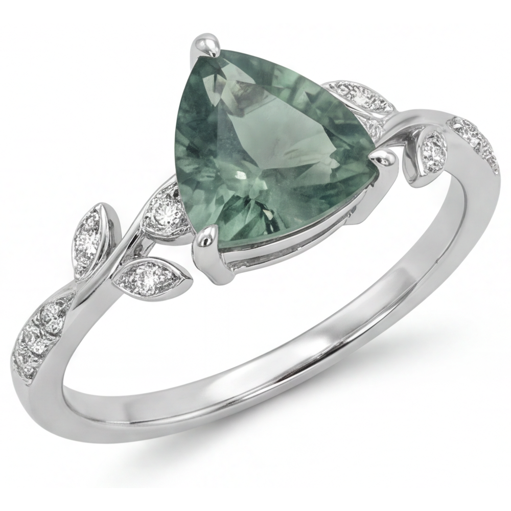 Trilliant Green Prasiolite ring in 14 Karat White Gold – main view