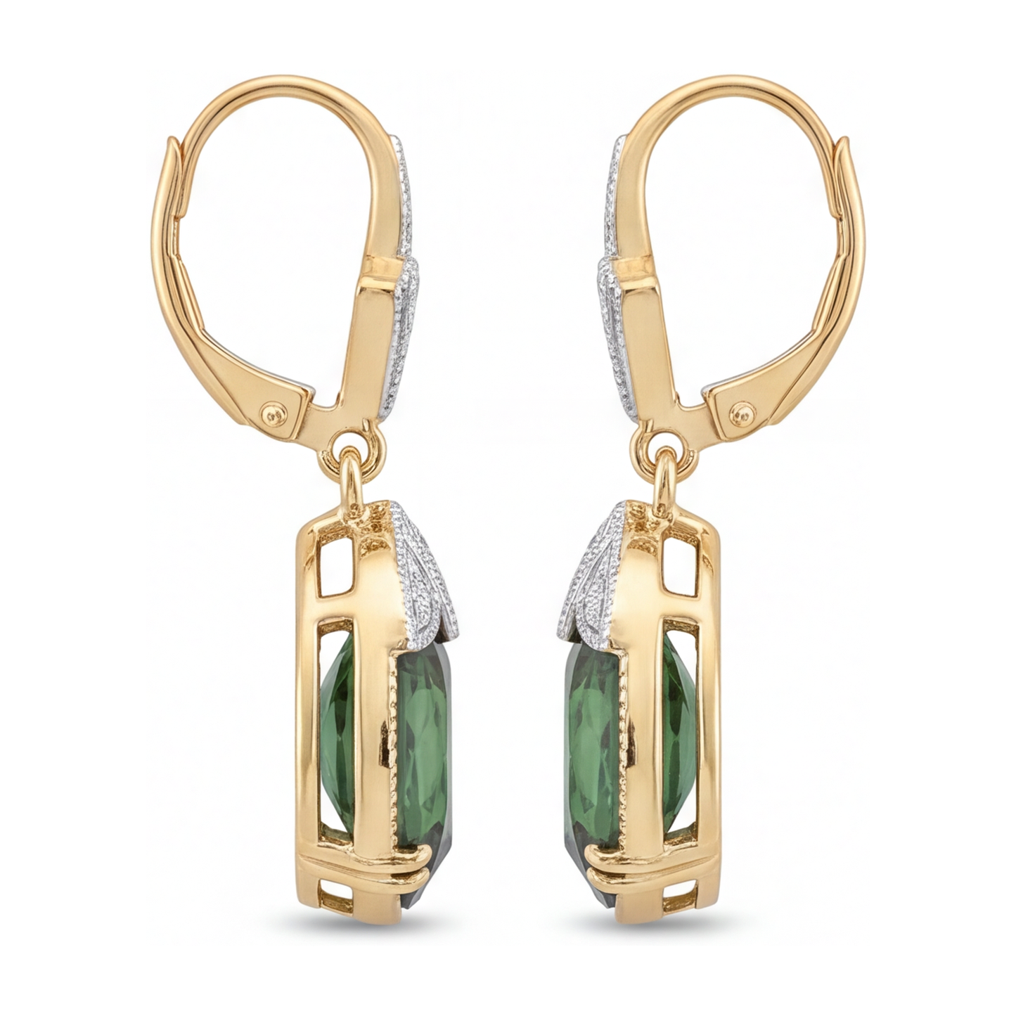 Green Tourmaline Earrings 5 Carat Lab Grown Oval Milgrain Leverback 14K Yellow Gold
