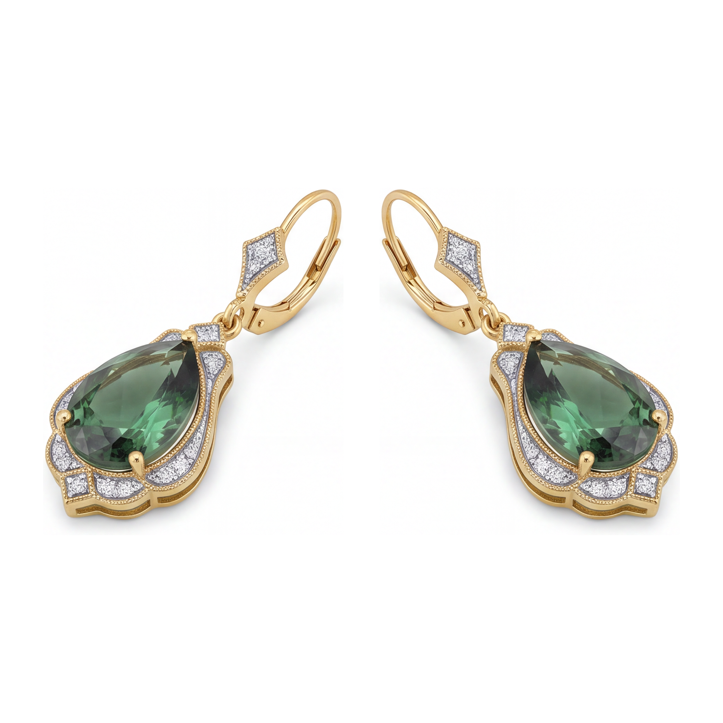 Green Tourmaline Earrings 5 Carat Lab Grown Pear Milgrain Leverback 14K Yellow Gold