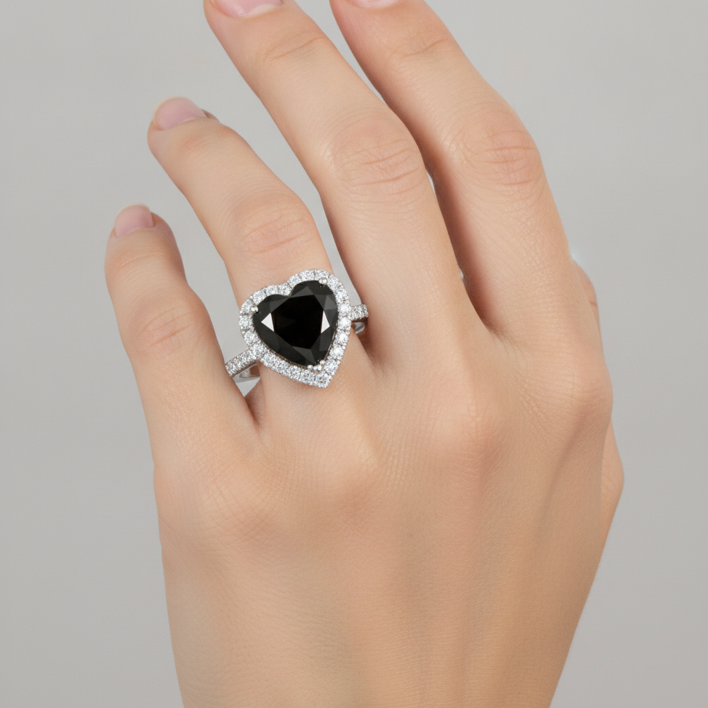 Black Diamond Proposal Ring 6 Carat Natural Heart Halo 14K White Gold