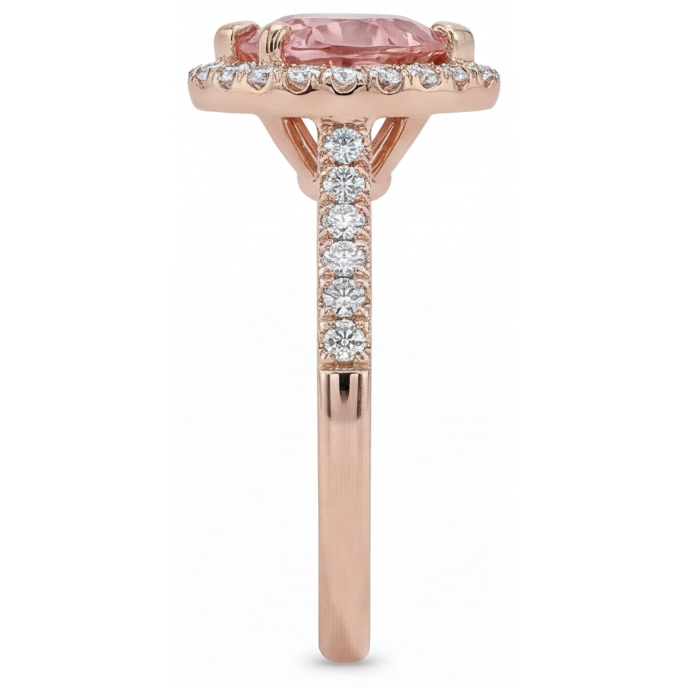 Padparadscha Sapphire Ring 3.8 Carat Lab Grown Heart Halo Split Shank 14K Rose Gold