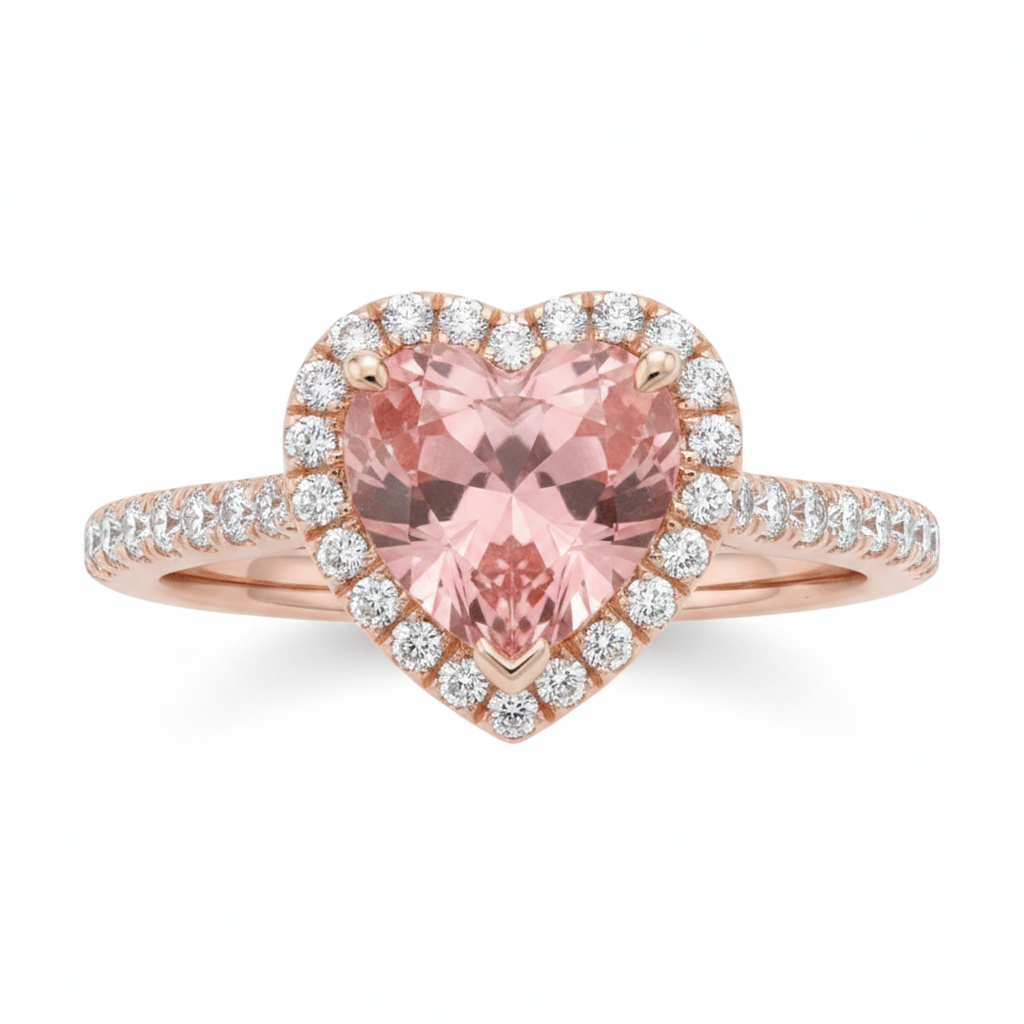 Padparadscha Sapphire Ring 3.8 Carat Lab Grown Heart Halo Split Shank 14K Rose Gold