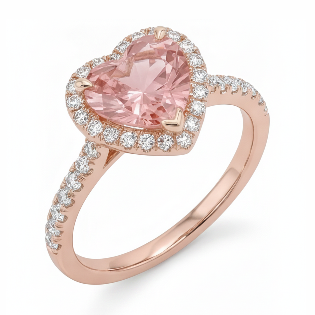 Padparadscha Sapphire Ring 3.8 Carat Lab Grown Heart Halo Split Shank 14K Rose Gold