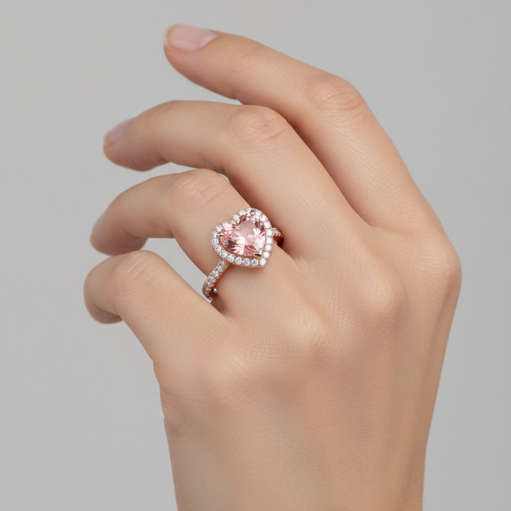 Padparadscha Sapphire Ring 3.8 Carat Lab Grown Heart Halo Split Shank 14K Rose Gold