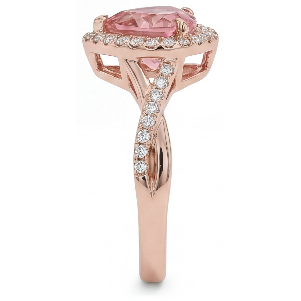 Padparadscha Sapphire Ring 3.8 Carat Lab Grown Heart Halo Twist 14K Rose Gold