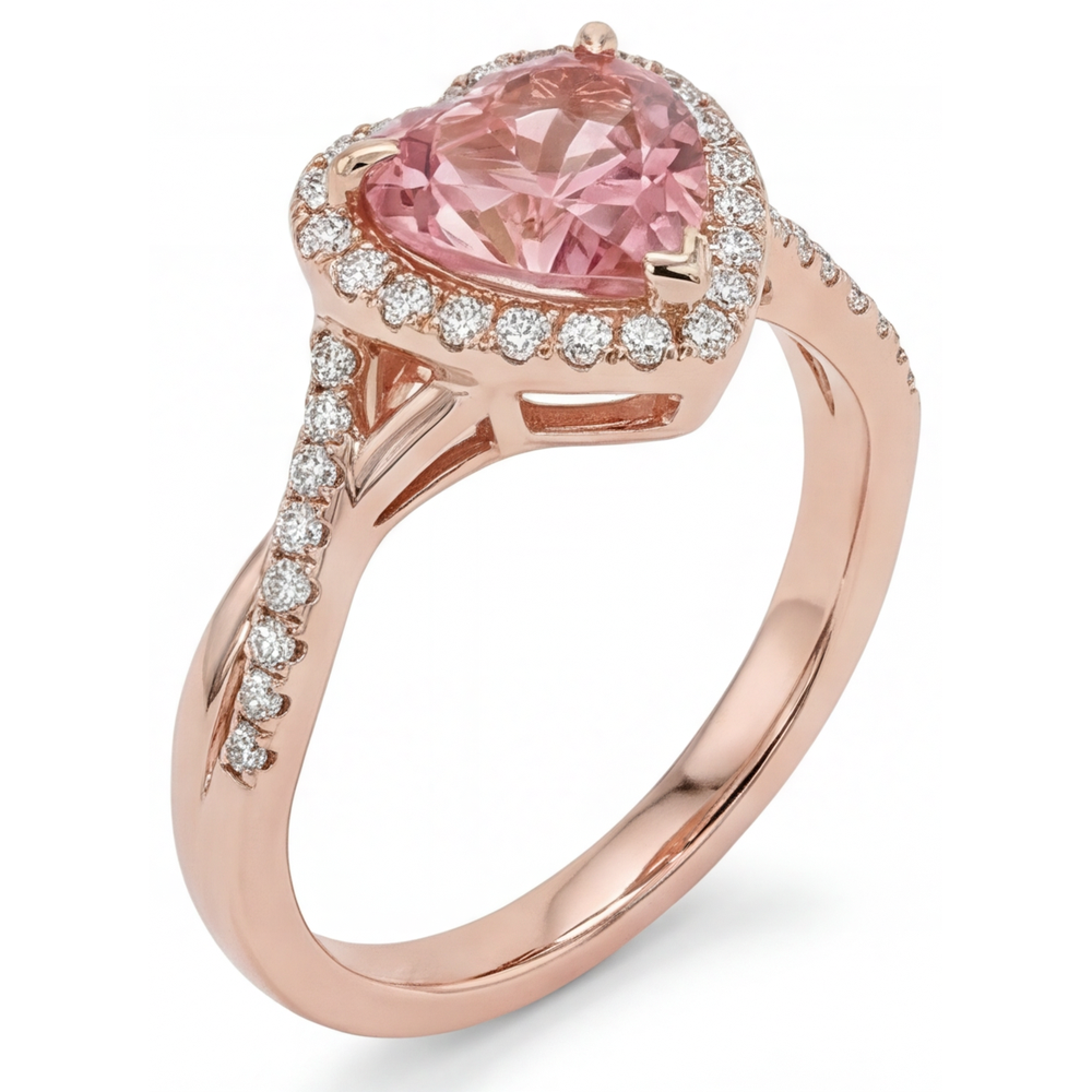 Padparadscha Sapphire Ring 3.8 Carat Lab Grown Heart Halo Twist 14K Rose Gold