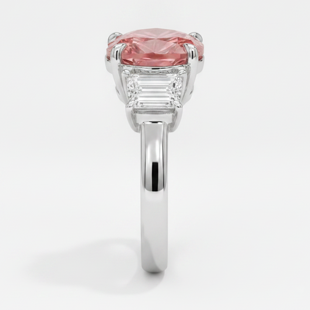 Padparadscha Sapphire Ring 3.6 Carat Natural Heart and White Baguette Three Stone Platinum