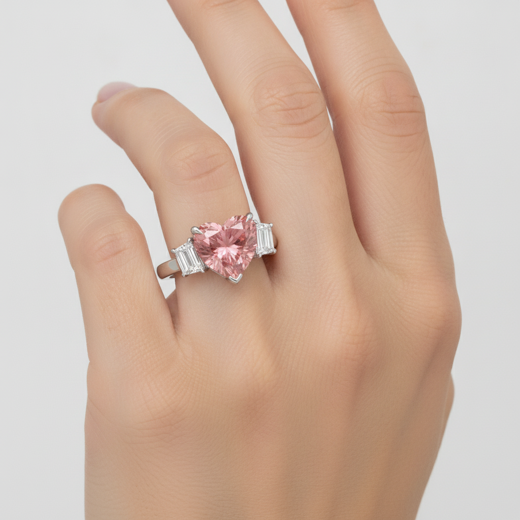 Padparadscha Sapphire Ring 3.6 Carat Natural Heart and White Baguette Three Stone Platinum