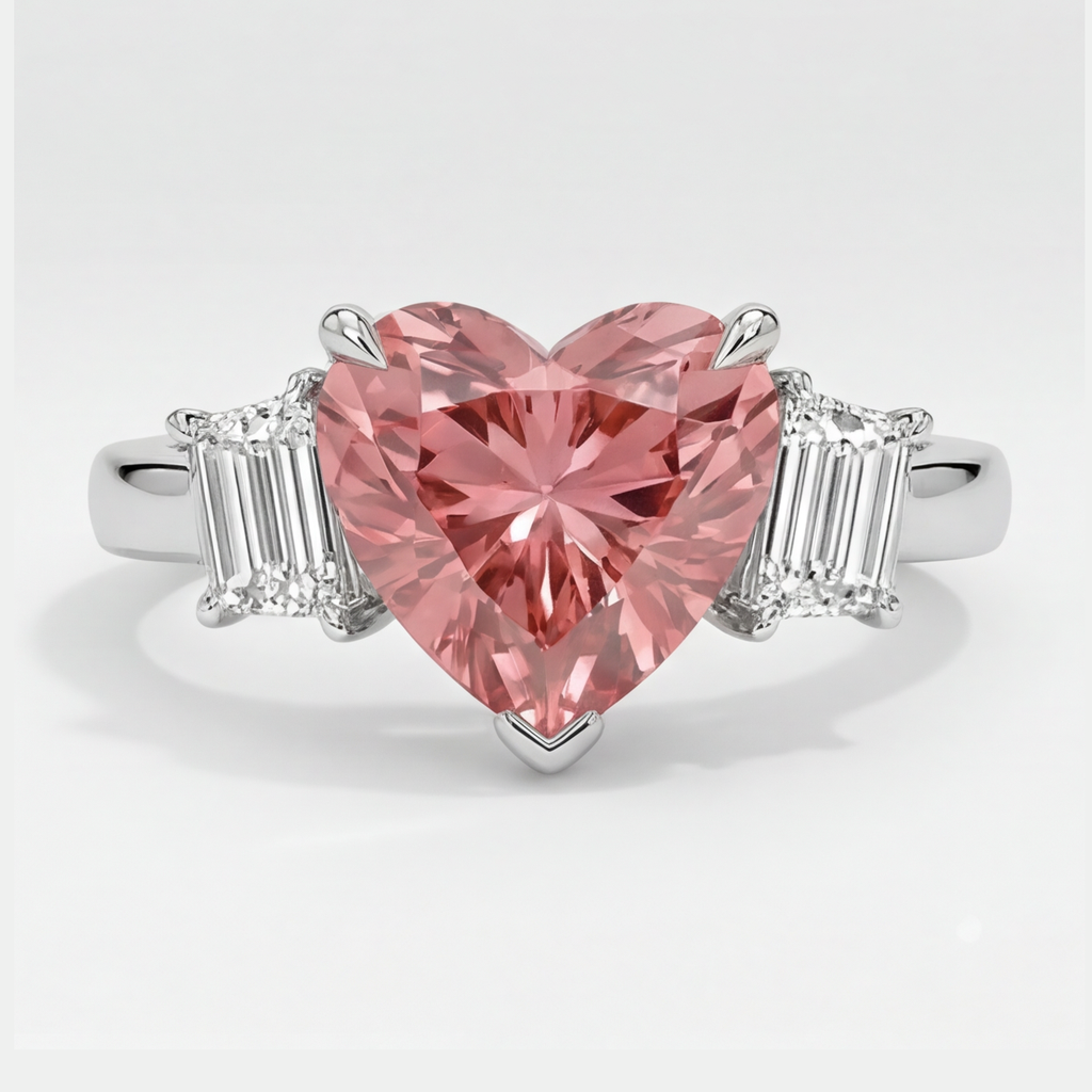 Padparadscha Sapphire Ring 3.6 Carat Natural Heart and White Baguette Three Stone Platinum