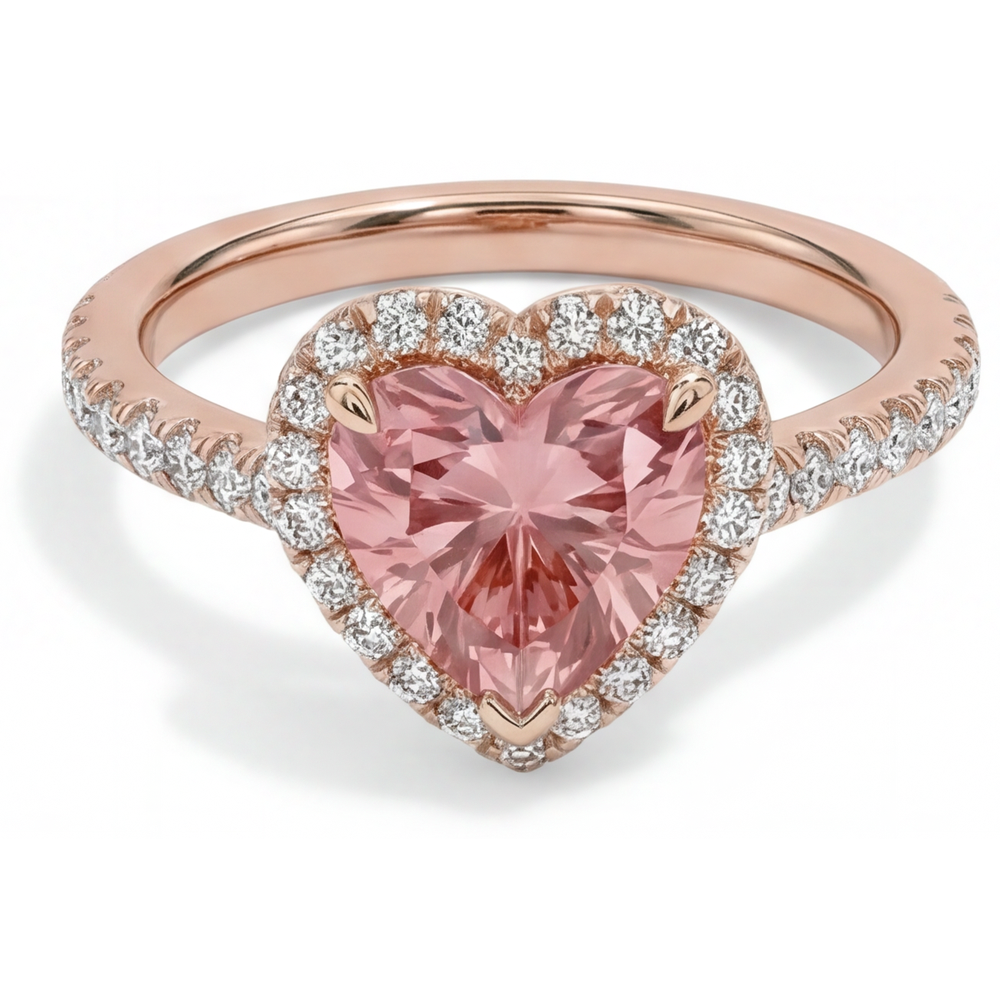 Padparadscha Sapphire Ring 2.3 Carat Real Heart Halo 14K Rose Gold
