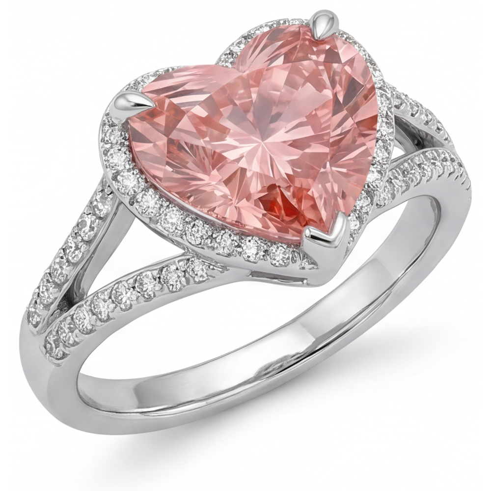 Peach Color Sapphire 2.8 Carat Genuine Heart Padparadscha Halo Ring 14K White Gold