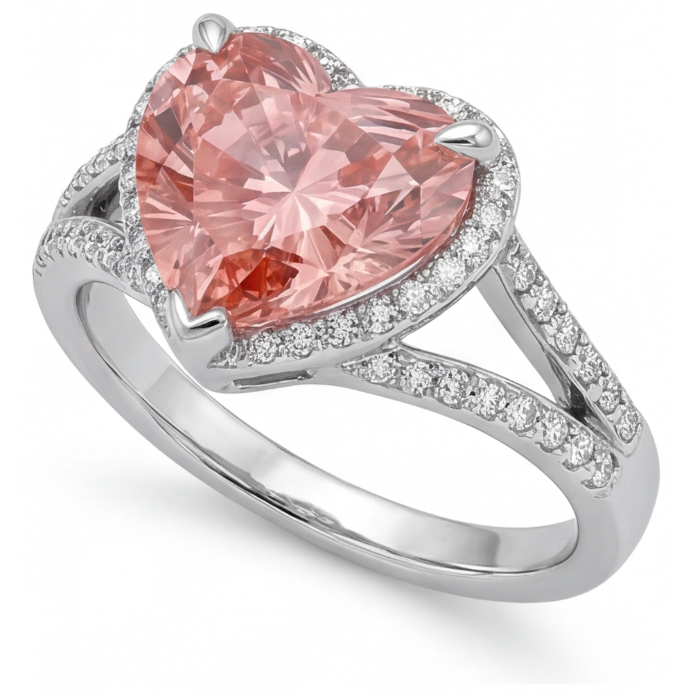 Peach Color Sapphire 2.8 Carat Genuine Heart Padparadscha Halo Ring 14K White Gold
